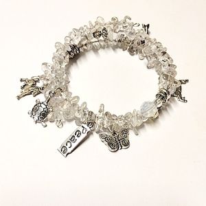 Three Tier Stacked Clear Quartz Quartz Gemstone Charm Bracelet